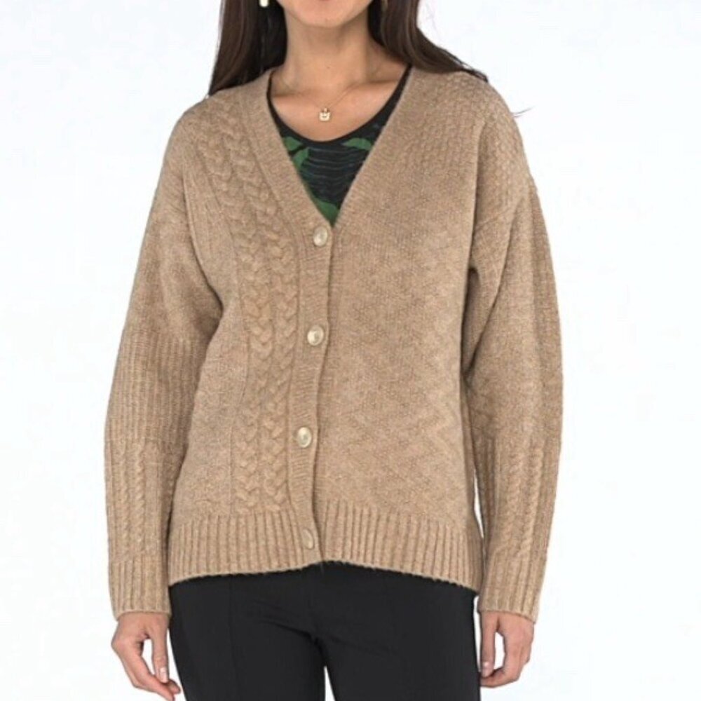 Cabi Neighborhood cardigan sweater boxy cable knit oversized camel tan new M